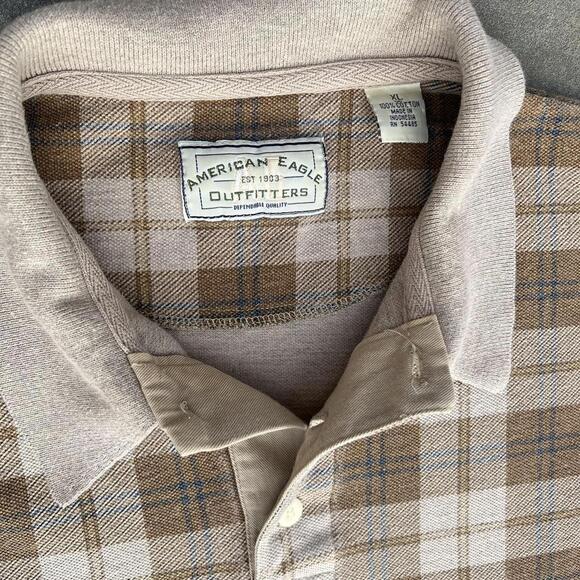 Y2K Brown Tan Plaid Pattern Pique Polo Shirt - Picture 3 of 5